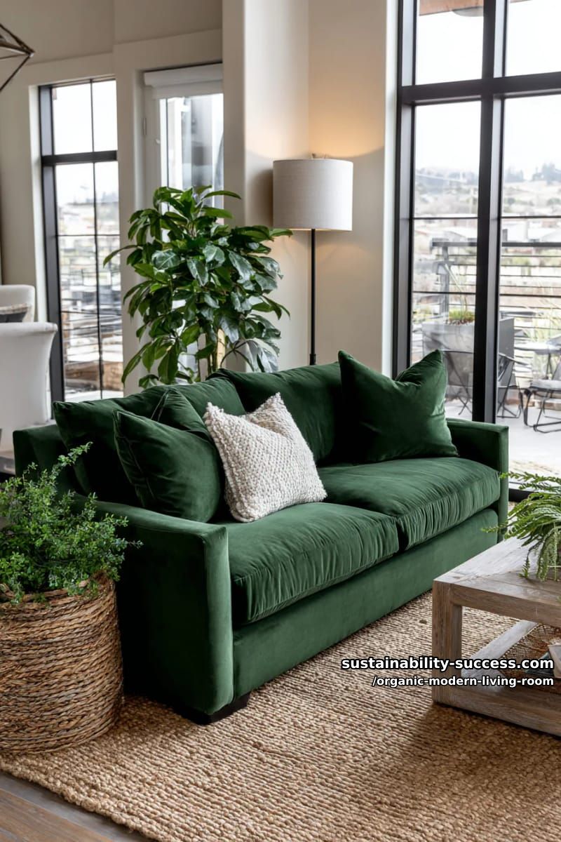 15 Organic Modern Living Room Designs for an Elegant Contemporary Feel 18 contrast a green velvet sofa with neutral jute rugs and black iron floor lamps 1