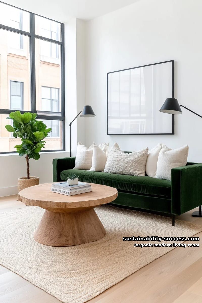 15 Organic Modern Living Room Designs for an Elegant Contemporary Feel 19 contrast a green velvet sofa with neutral jute rugs and black iron floor lamps 1