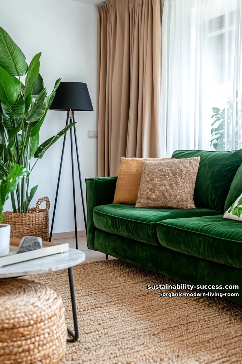 15 Organic Modern Living Room Designs for an Elegant Contemporary Feel 20 contrast a green velvet sofa with neutral jute rugs and black iron floor lamps 1