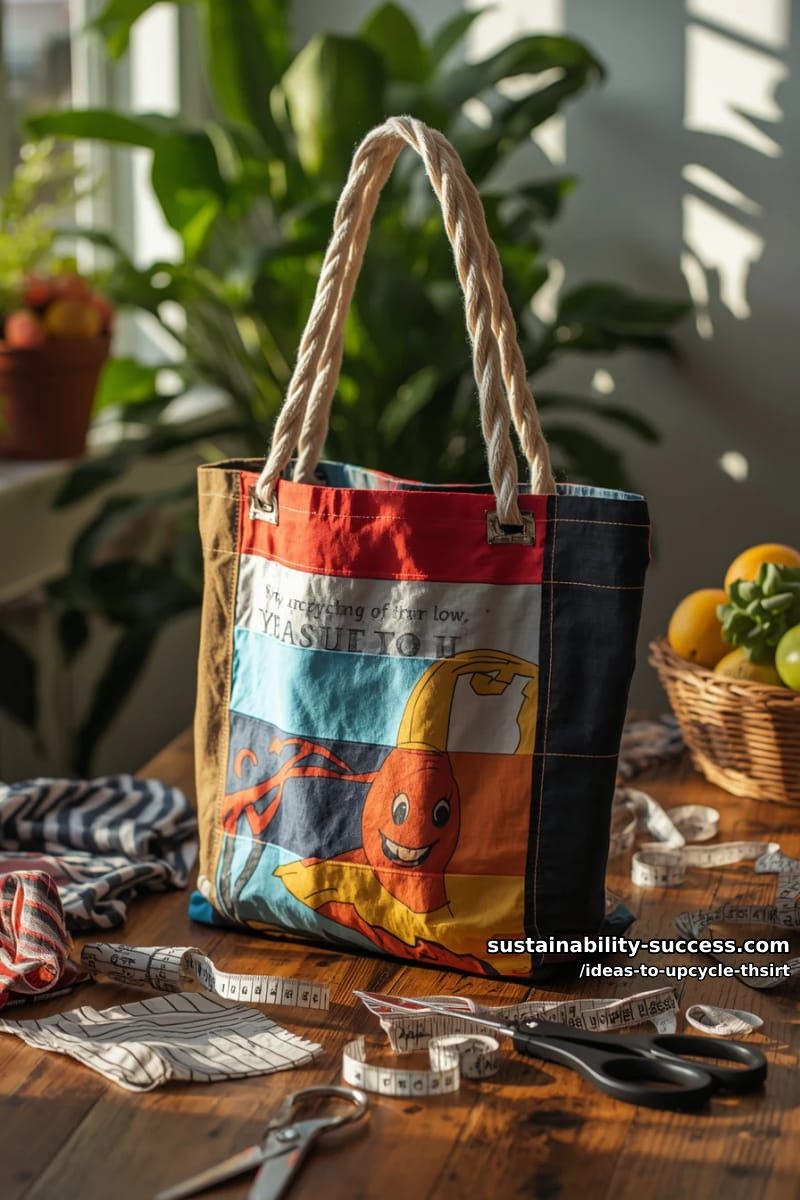 15 Slick Ideas to Upcycle T-Shirts for Your Chic Collection 16 craft a reusable market tote with bold graphic prints. 1