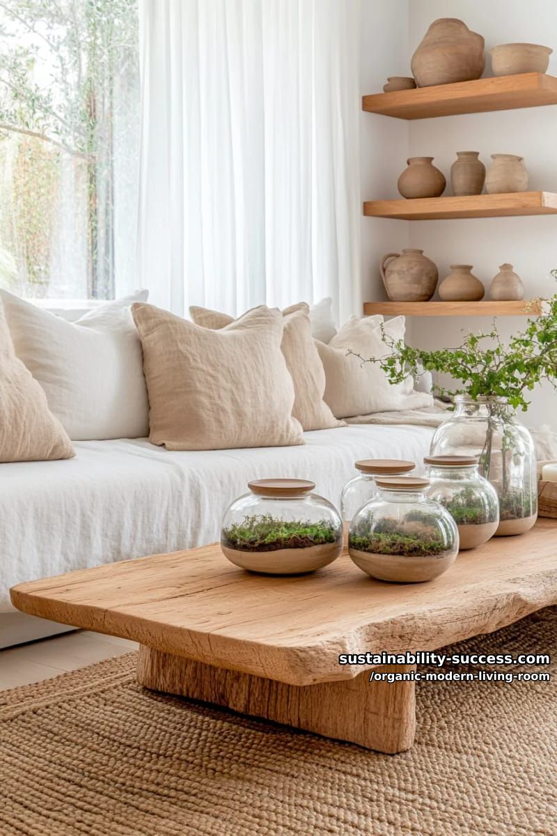 15 Organic Modern Living Room Designs for an Elegant Contemporary Feel 15 create a floating oak shelving display with organic pottery and glass terrariums 1