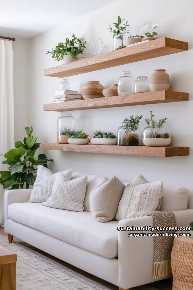 15 Organic Modern Living Room Designs for an Elegant Contemporary Feel 16 create a floating oak shelving display with organic pottery and glass terrariums 1
