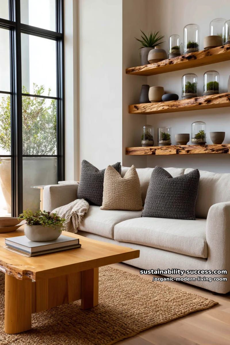 15 Organic Modern Living Room Designs for an Elegant Contemporary Feel 17 create a floating oak shelving display with organic pottery and glass terrariums 1