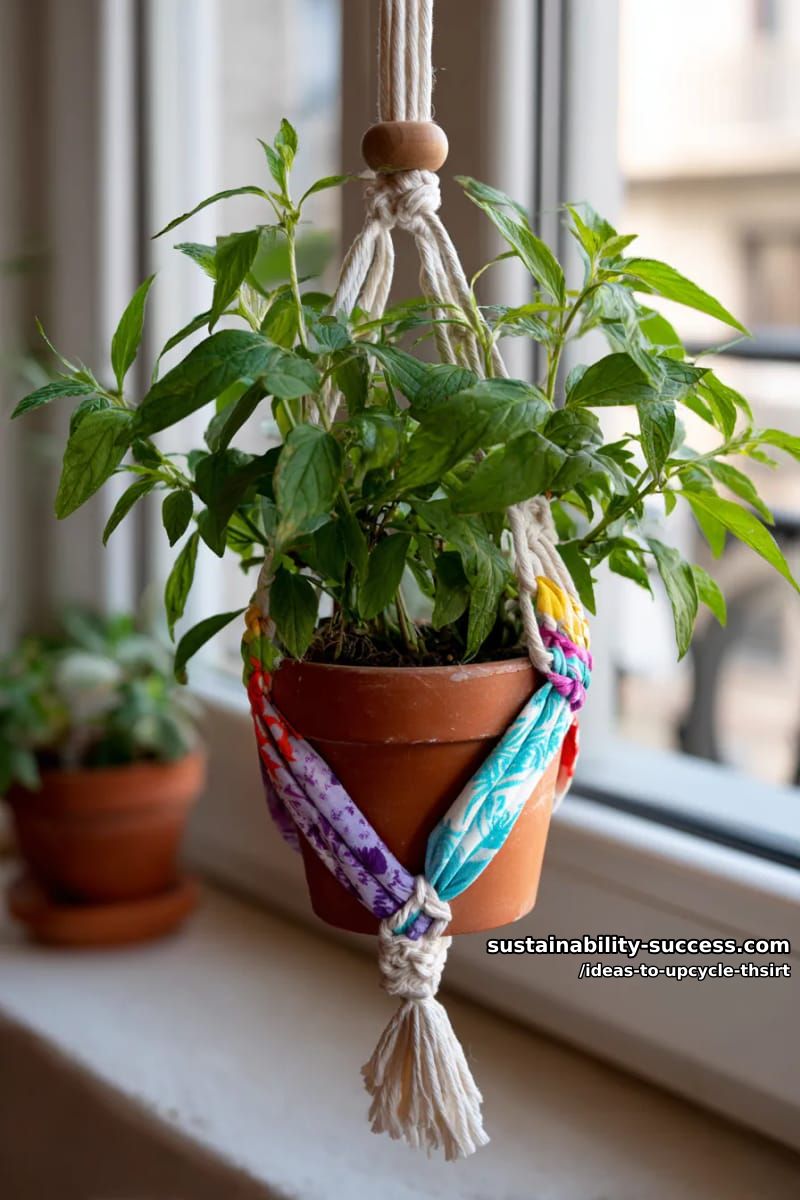 15 Slick Ideas to Upcycle T-Shirts for Your Chic Collection 5 create a macramé plant hanger using strips from colorful tees. 1