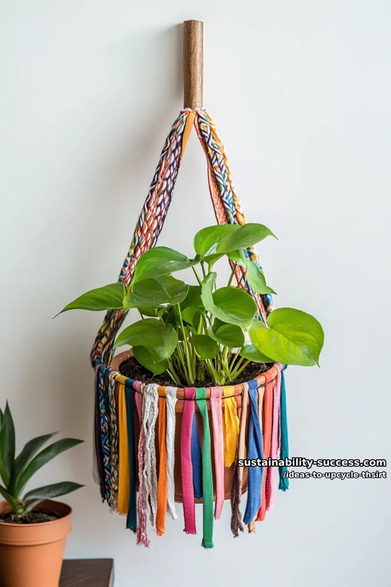 15 Slick Ideas to Upcycle T-Shirts for Your Chic Collection 6 create a macramé plant hanger using strips from colorful tees. 1