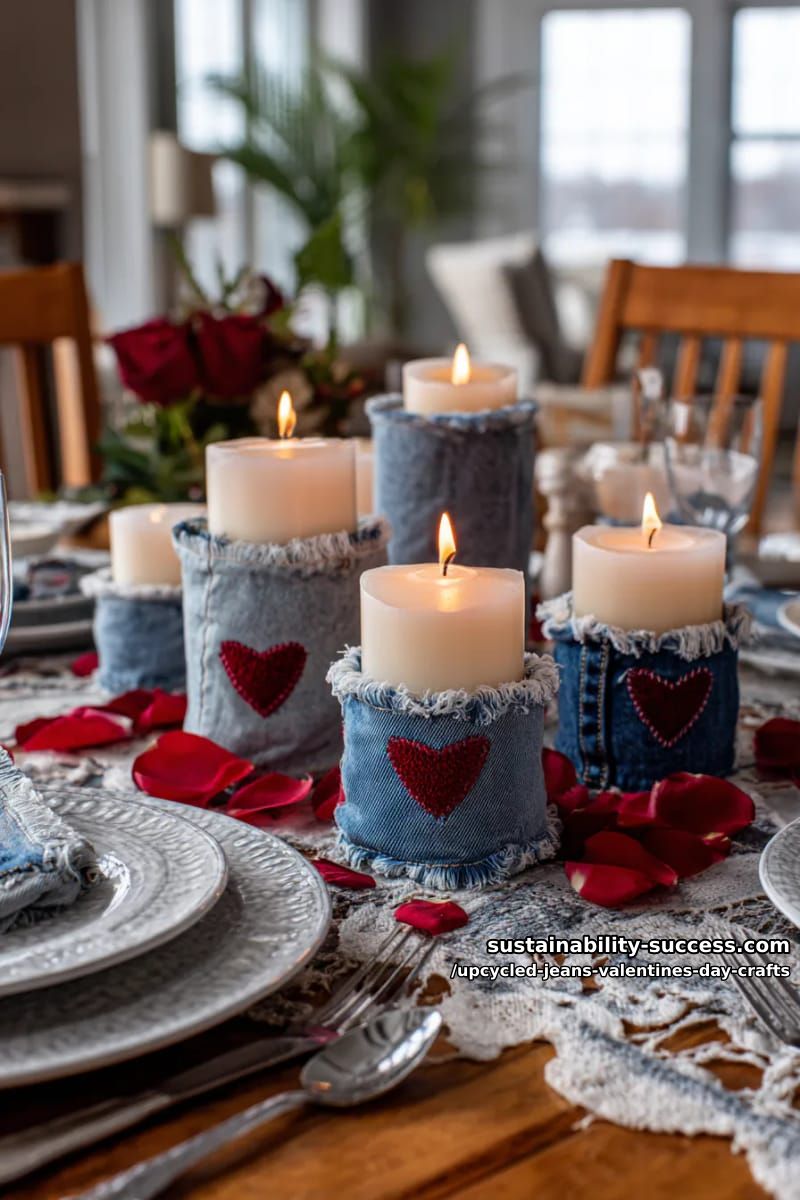 15 Creative Upcycled Jeans Valentine’s Day Crafts 22 denim cuff candlestick wraps with stitched hearts for valentine’s dinner ambiance 1