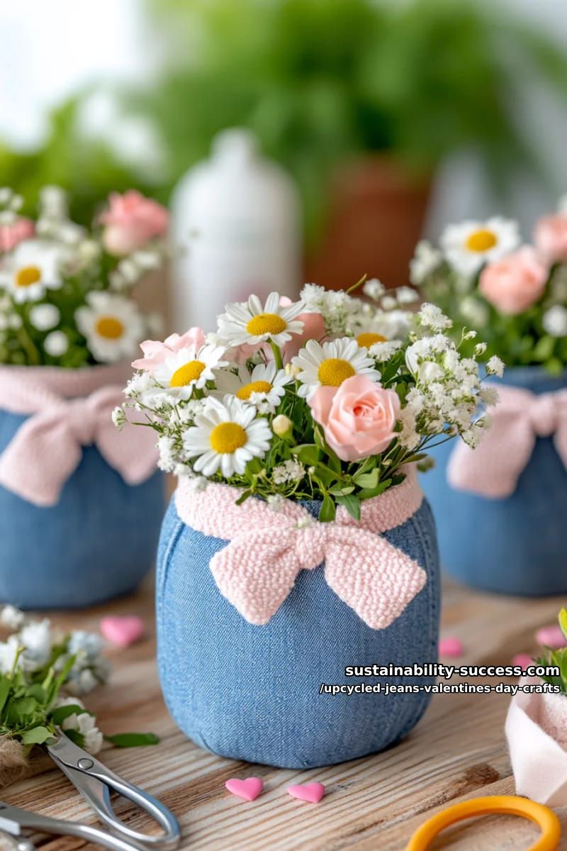 15 Creative Upcycled Jeans Valentine’s Day Crafts 16 denim flower mason jar cozies tied with pink velvet bows for floral arrangements 1