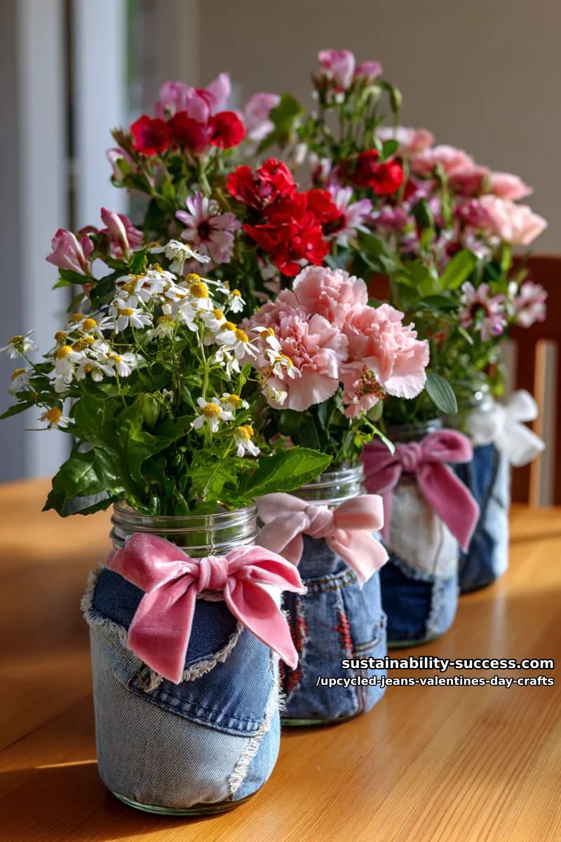 15 Creative Upcycled Jeans Valentine’s Day Crafts 17 denim flower mason jar cozies tied with pink velvet bows for floral arrangements 1