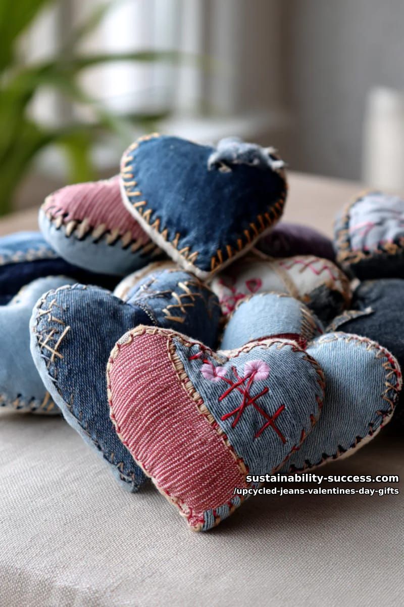denim patchwork heart plushies hand-stitched with embroidery thread 1