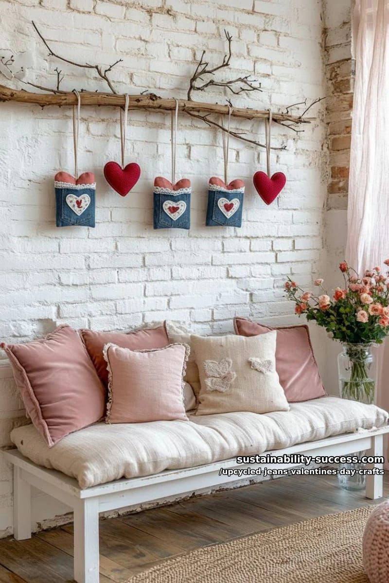 15 Creative Upcycled Jeans Valentine’s Day Crafts 27 denim pocket love letter holders hung on a rustic wooden branch mantelpiece 1