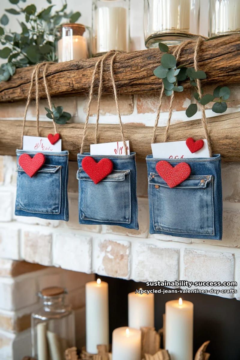15 Creative Upcycled Jeans Valentine’s Day Crafts 28 denim pocket love letter holders hung on a rustic wooden branch mantelpiece 1