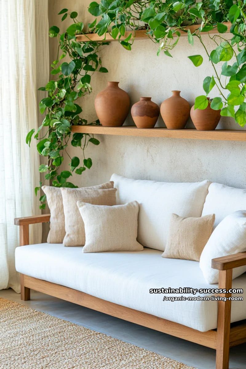 15 Organic Modern Living Room Designs for an Elegant Contemporary Feel 36 display hand-thrown clay vases on open shelving with trailing pothos plants 1