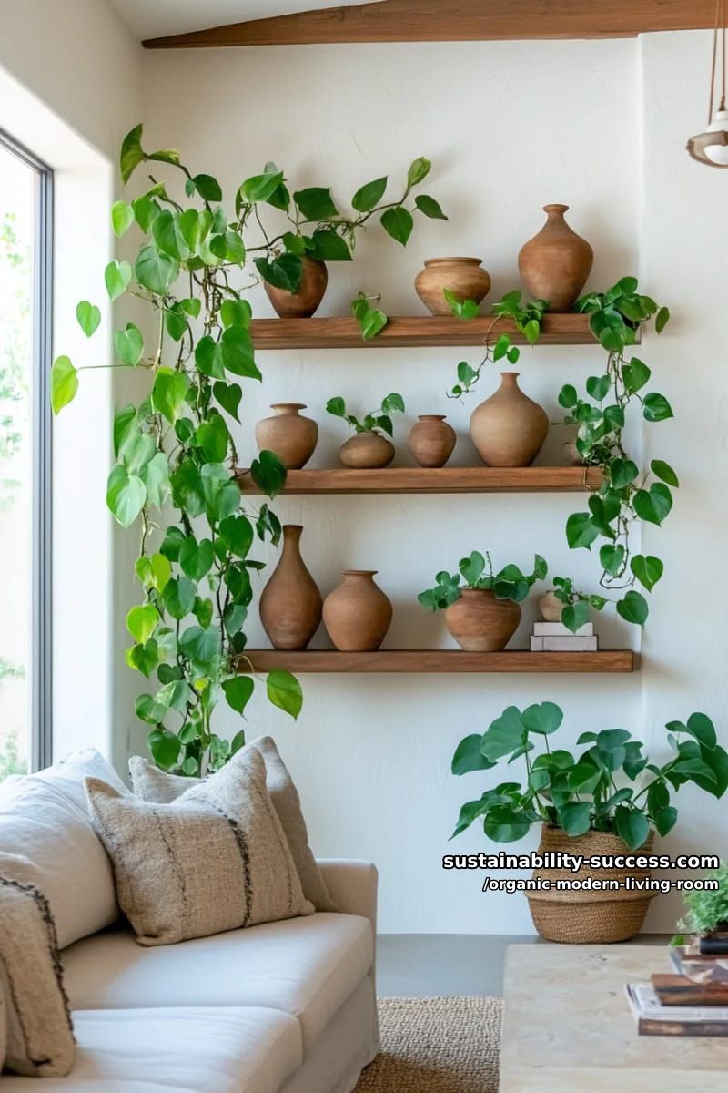 15 Organic Modern Living Room Designs for an Elegant Contemporary Feel 37 display hand-thrown clay vases on open shelving with trailing pothos plants 1