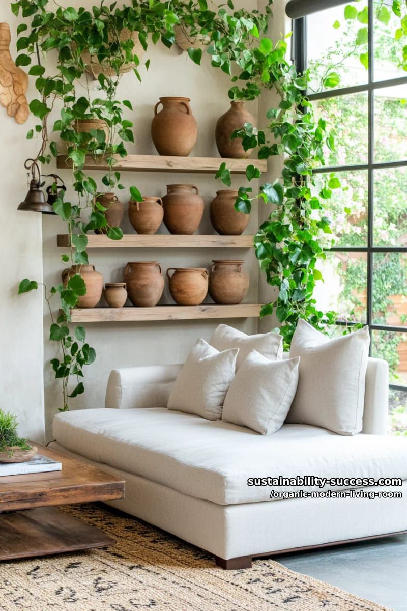 15 Organic Modern Living Room Designs for an Elegant Contemporary Feel 38 display hand-thrown clay vases on open shelving with trailing pothos plants 1
