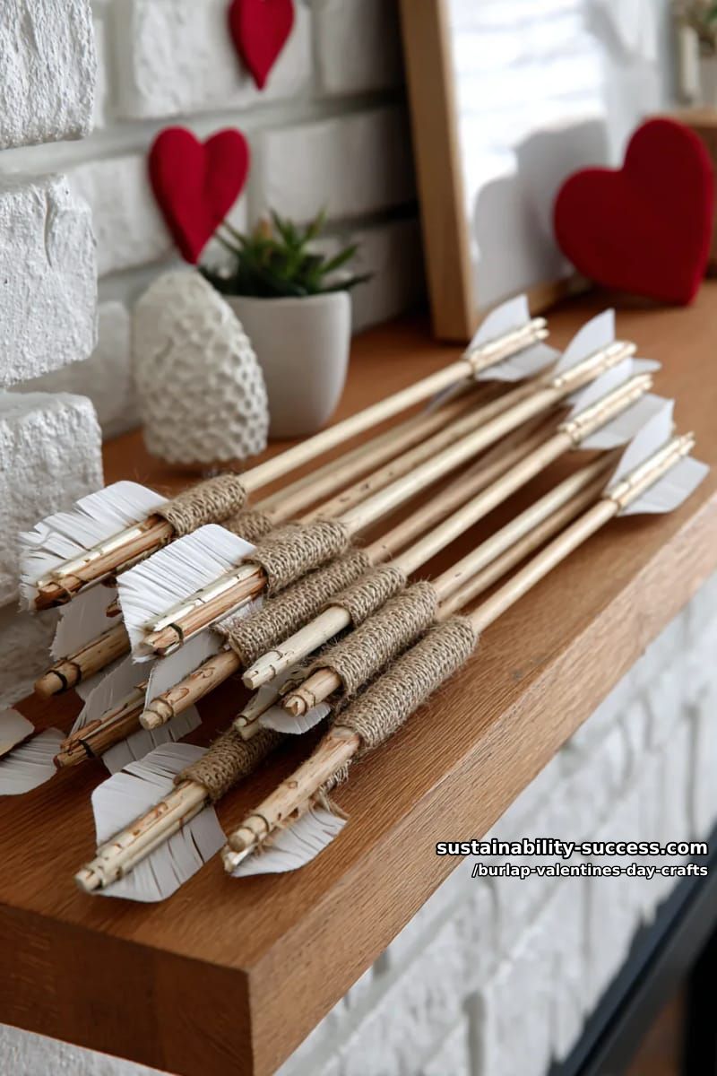 diy burlap cupid arrows with feathered ends for mantel decor 1