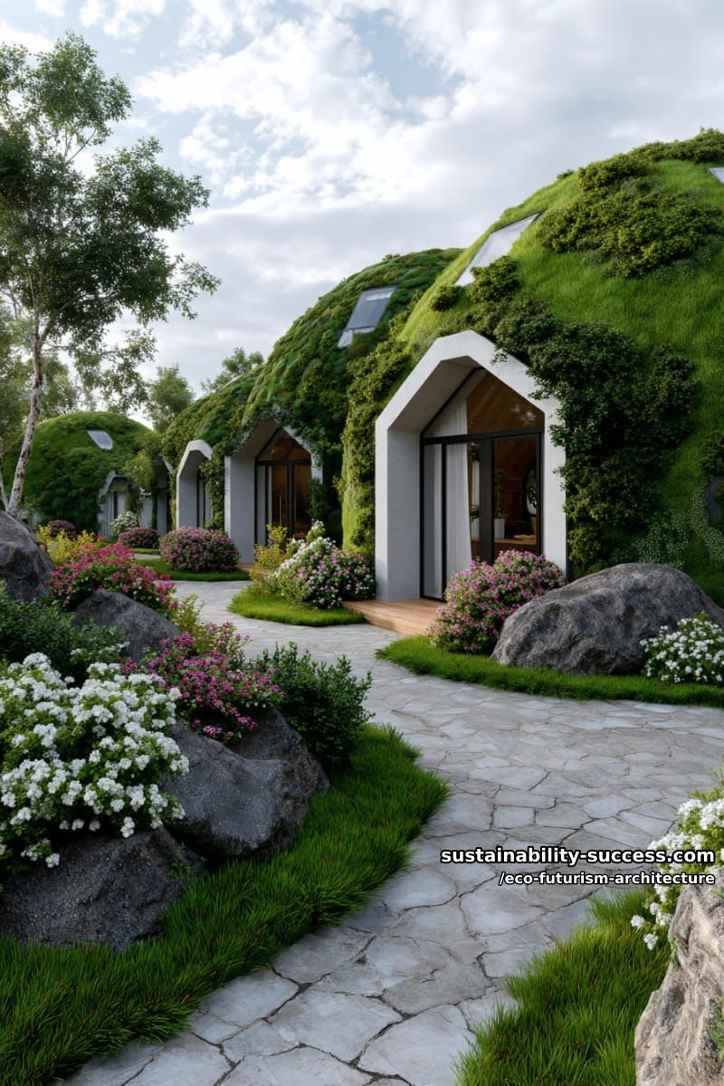 dome-shaped community hubs wrapped in living moss and wildflower walls 1