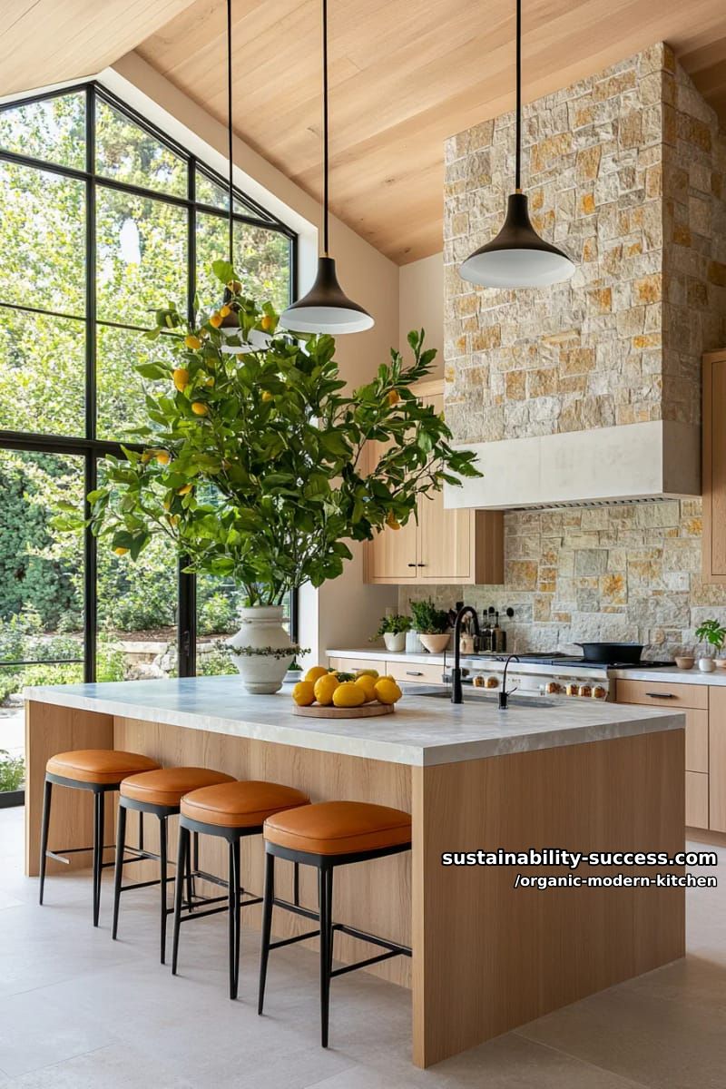 15 Organic Modern Kitchen Designs for a Charming Cuisine 42 dramatic floor-to-ceiling windows highlighting an indoor lemon tree 1