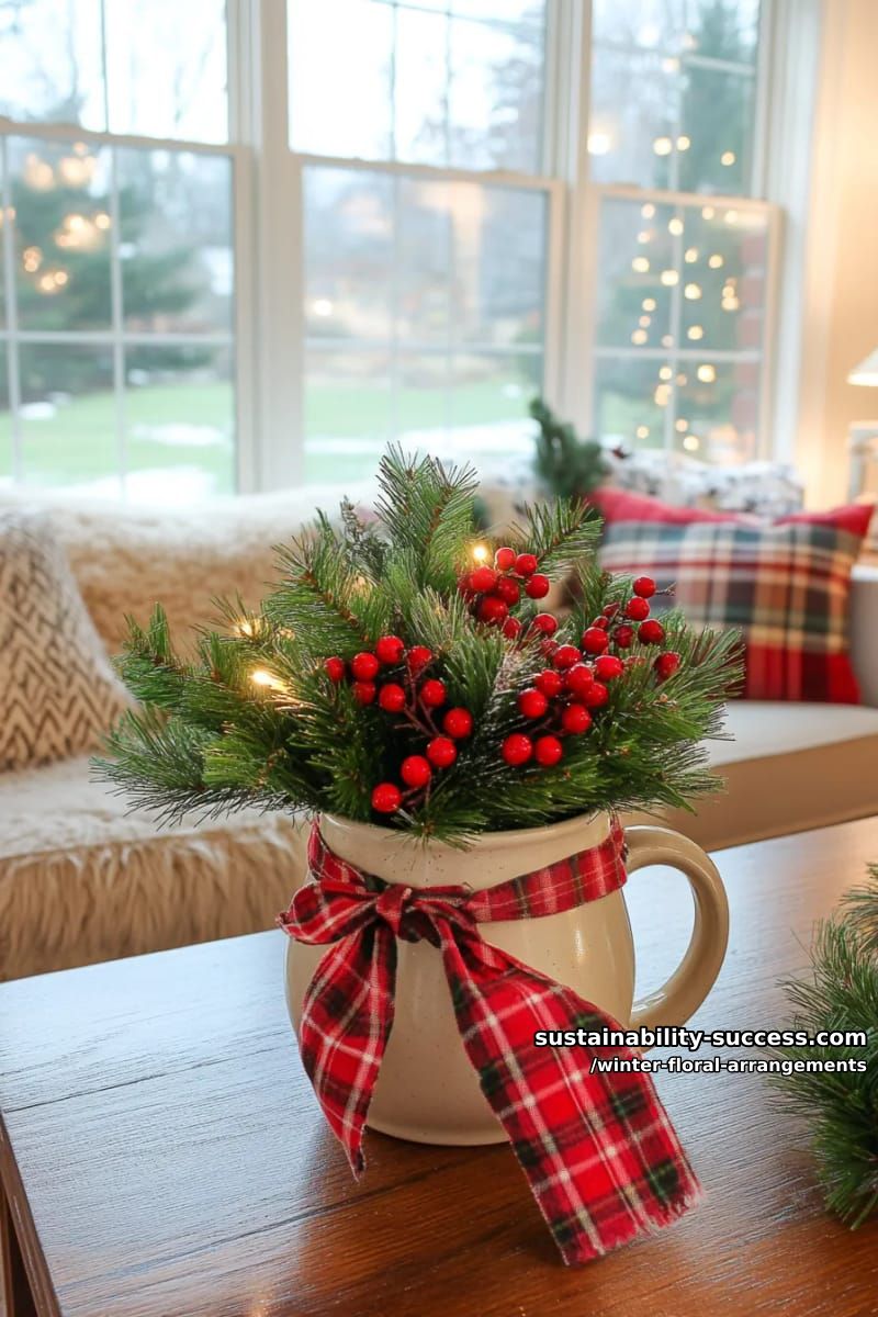 evergreen branches with red berries and plaid ribbon in a ceramic mug 1