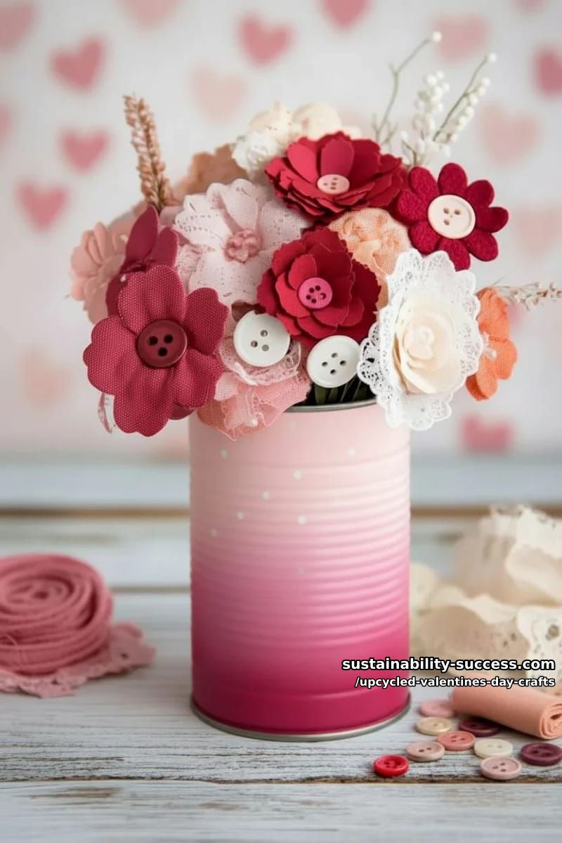 fabric flower bouquet in a tin can painted with pink ombré 1