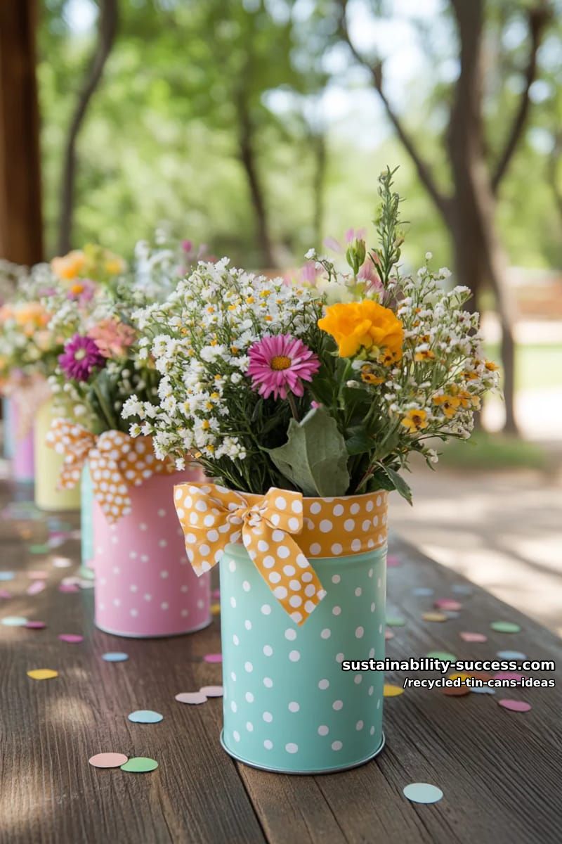 15 Superb Ideas to Upcycle Tin Cans 40 festive tin can flower vases with polka dots and upcycled ribbon bows 1
