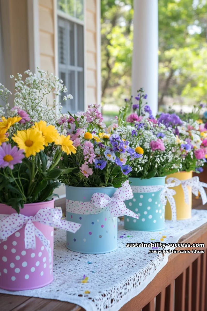 15 Superb Ideas to Upcycle Tin Cans 41 festive tin can flower vases with polka dots and upcycled ribbon bows 1