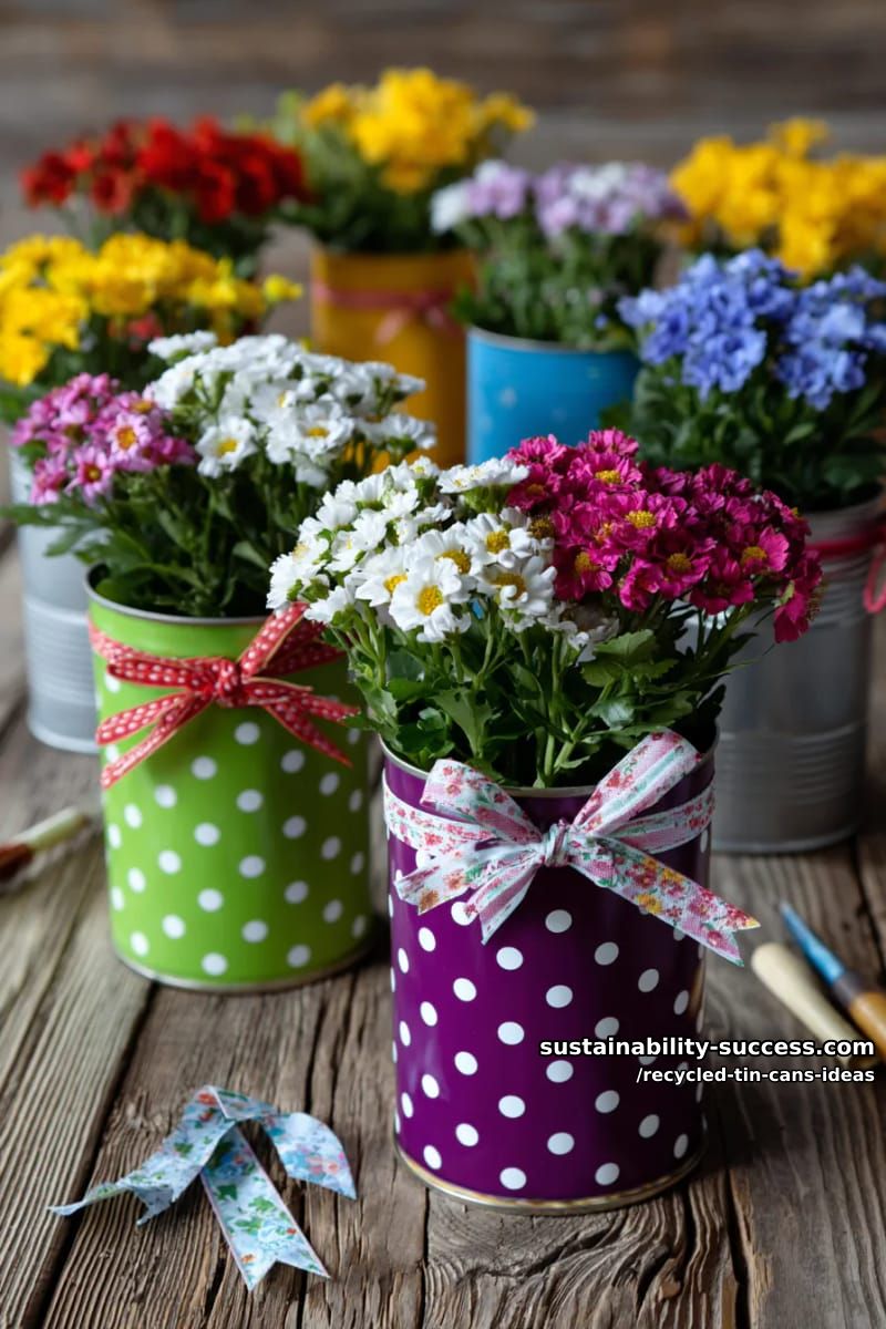 15 Superb Ideas to Upcycle Tin Cans 42 festive tin can flower vases with polka dots and upcycled ribbon bows 1