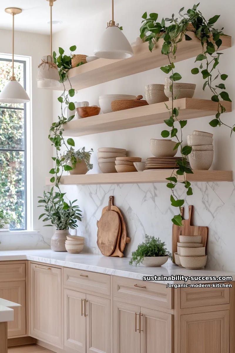 15 Organic Modern Kitchen Designs for a Charming Cuisine 30 floating shelves styled with handmade ceramics and trailing plants 1