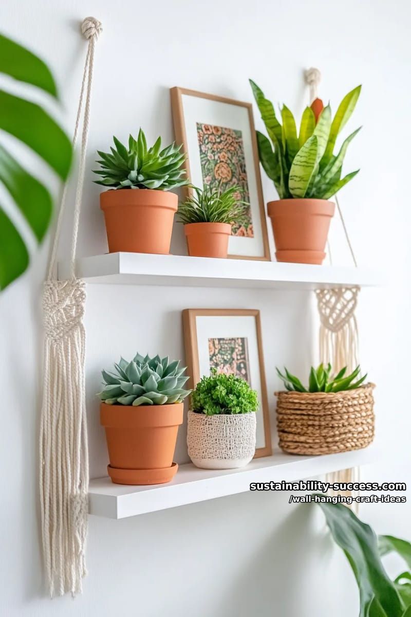 floating wall shelf with tiny potted succulents and hanging macramé. 1