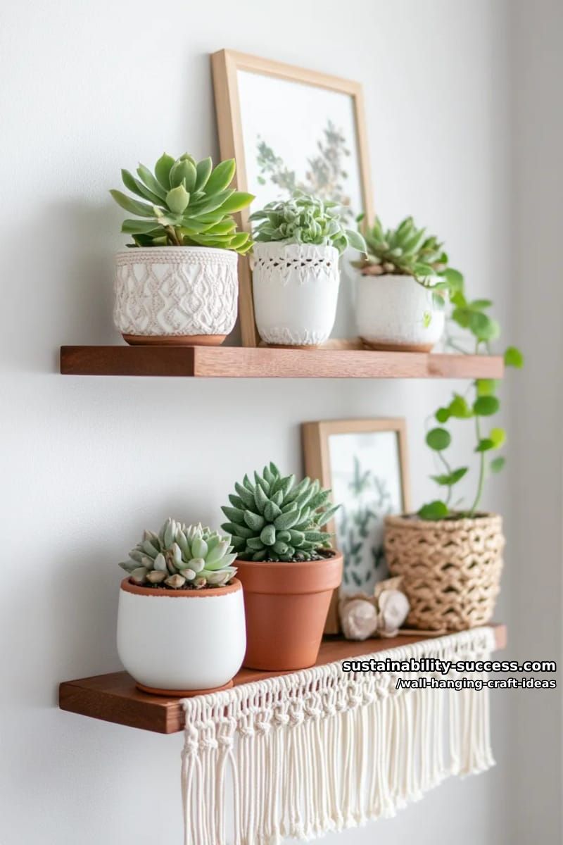 floating wall shelf with tiny potted succulents and hanging macramé. 1