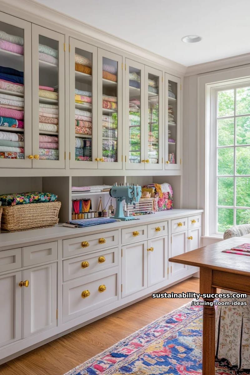 15 Zesty Sewing Room Ideas to Jazz Up Your Space! 22 floor-to-ceiling cabinetry with glass doors to showcase fabric collections. 1