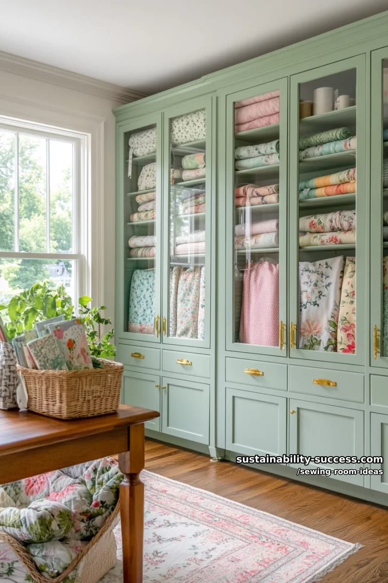 15 Zesty Sewing Room Ideas to Jazz Up Your Space! 23 floor-to-ceiling cabinetry with glass doors to showcase fabric collections. 1