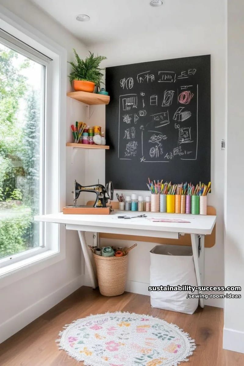 15 Zesty Sewing Room Ideas to Jazz Up Your Space! 34 fold-down wall table with chalkboard front for sketches and notes. 1