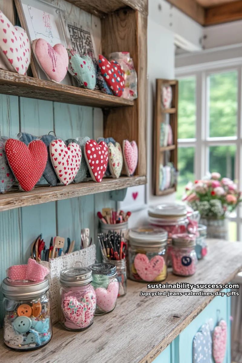 frayed-edge denim heart magnets with polka dot fabric details 1