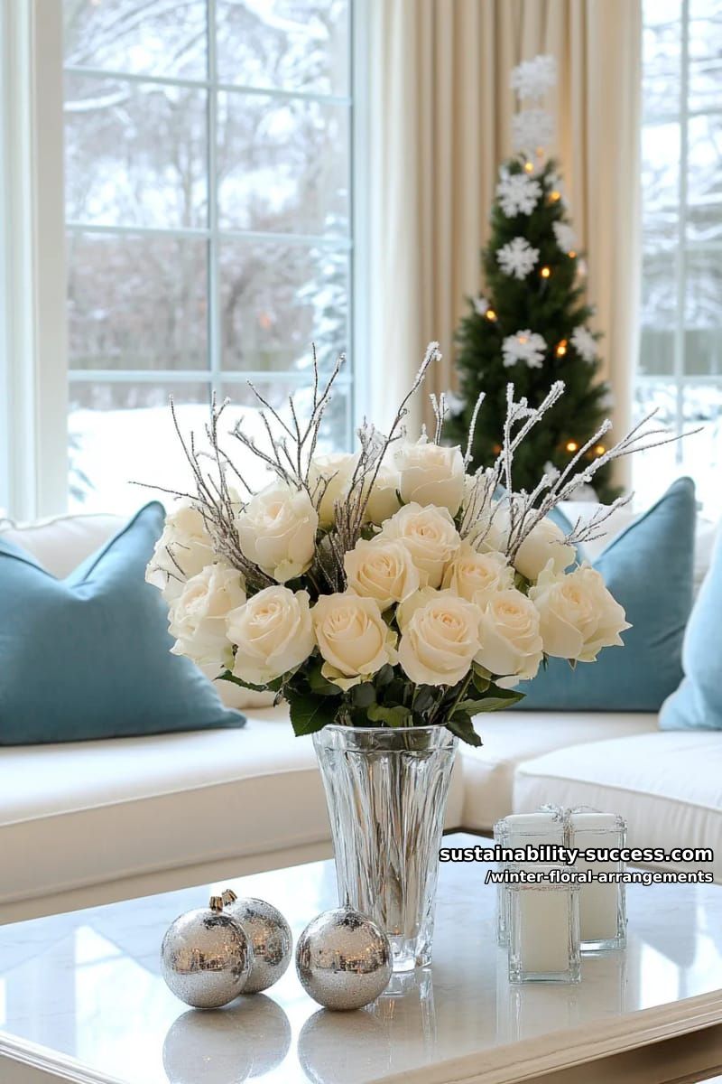 frosted white roses and silver twigs in a glass vase for elegance 1