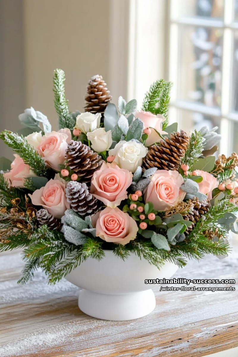 garden roses and pinecones spilling from a wintery ceramic bowl 30