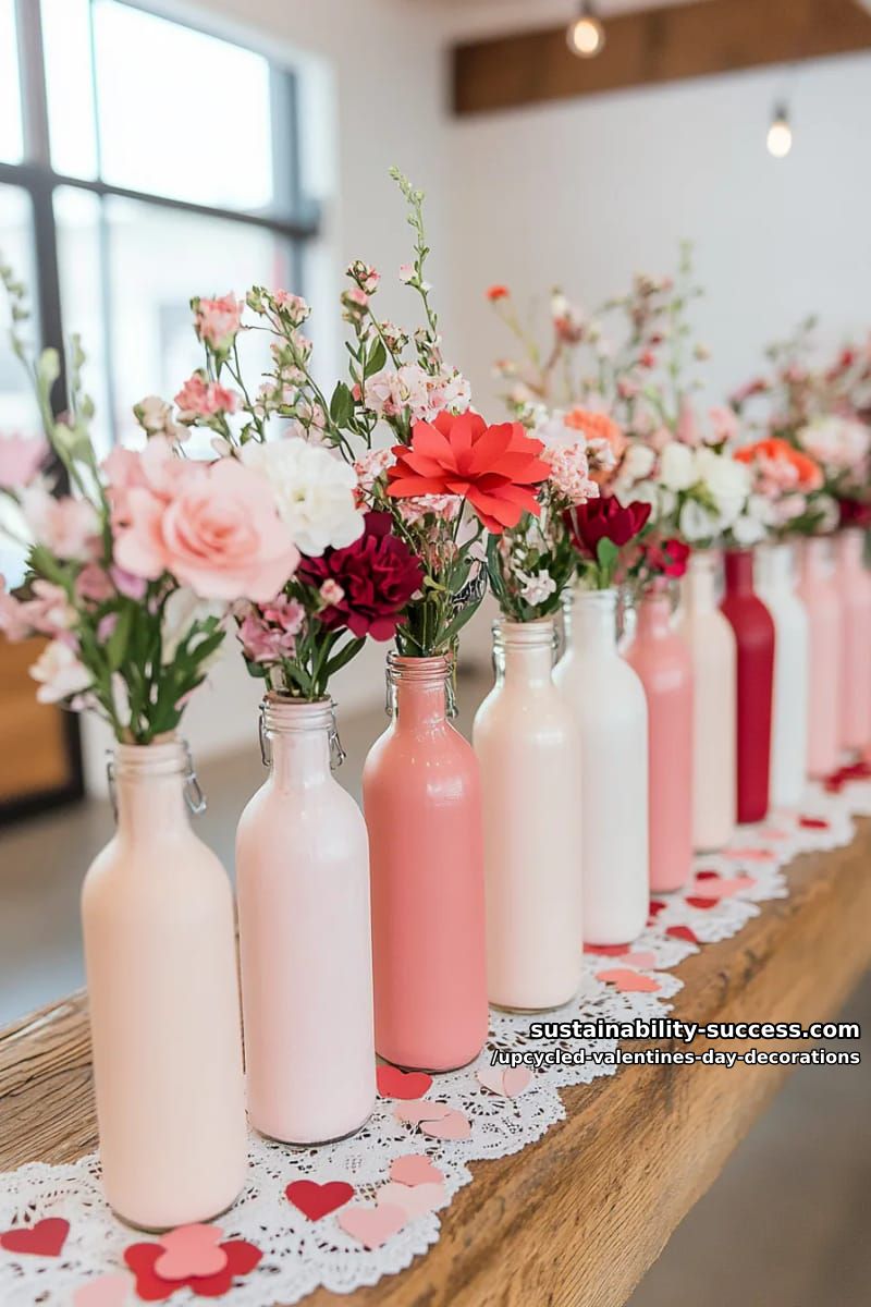 glass bottle vases painted pink and filled with paper flowers 1