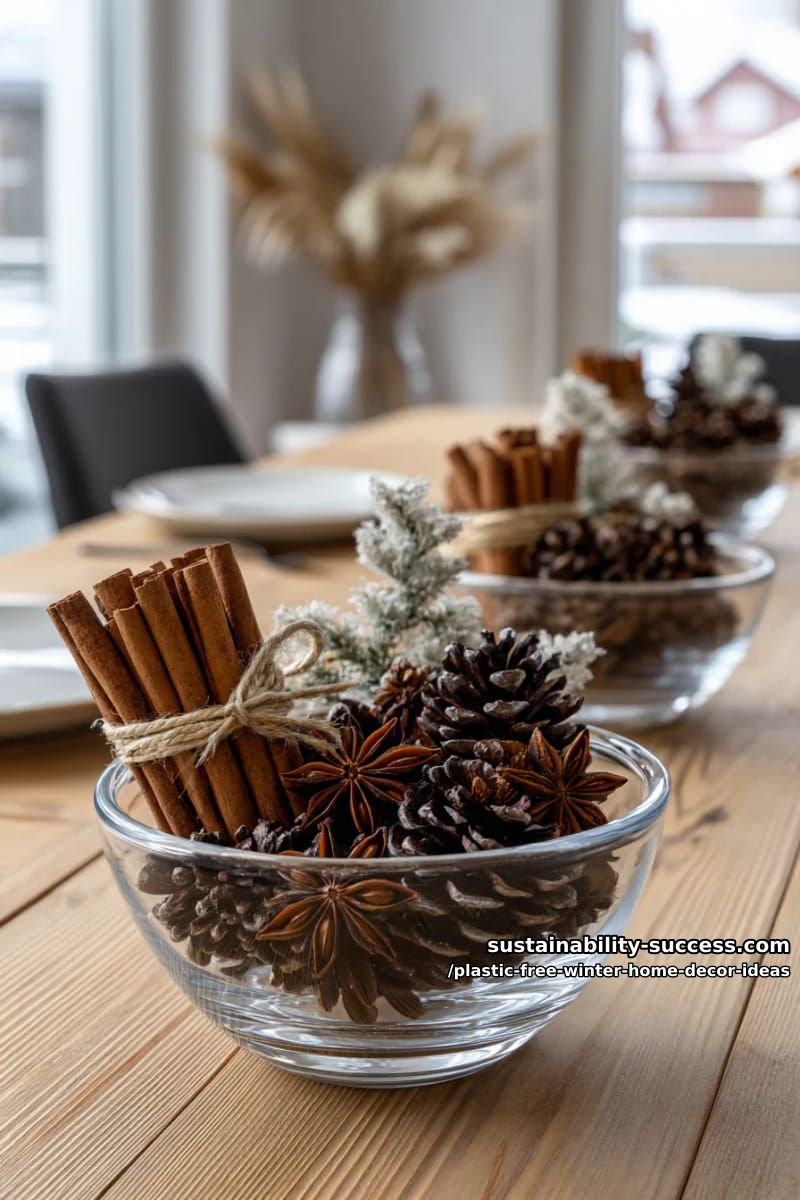 glass bowls filled with pinecones, star anise, and cinnamon bundles for centerpieces. 1
