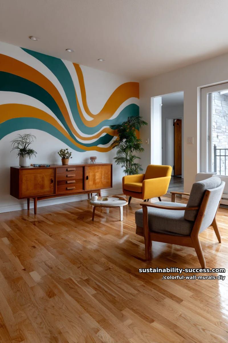 groovy 70s waves in orange, ochre, and teal sweeping across the room 1