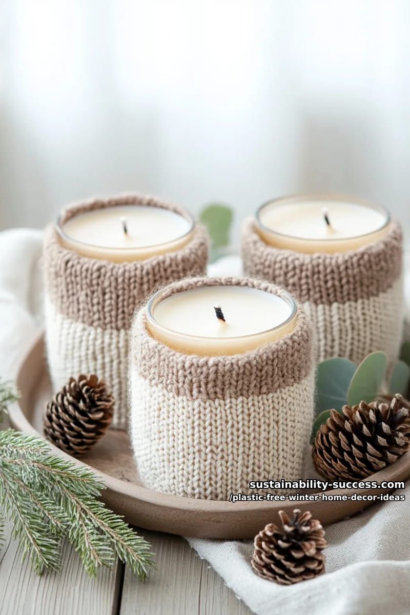 hand-knitted candle cozies for beeswax candles surrounded by fresh pine needles. 1