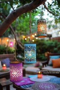 15 Superb Ideas to Upcycle Tin Cans 1 hand-painted tin can lanterns with geometric patterns and fairy lights inside 2