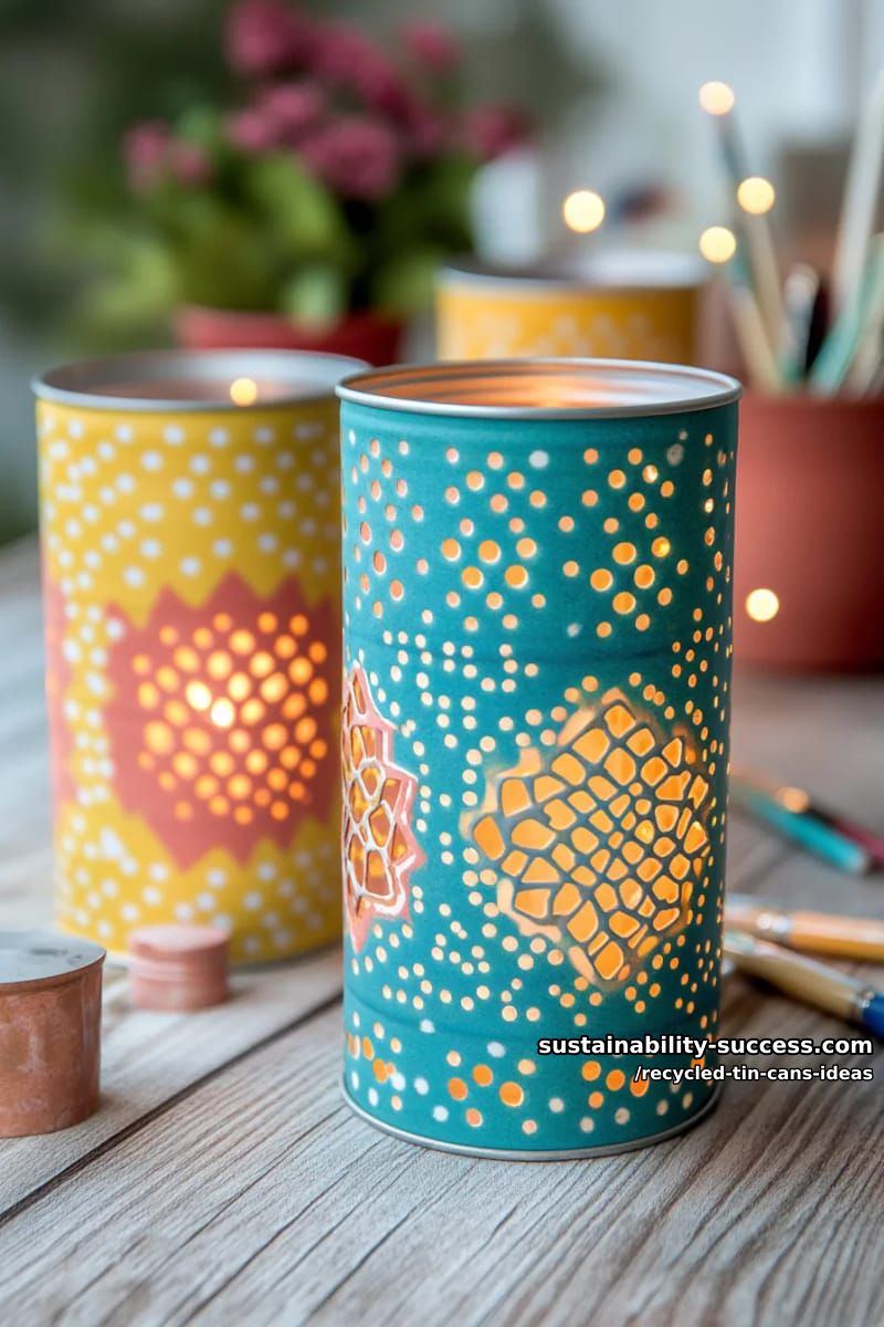 15 Superb Ideas to Upcycle Tin Cans 4 hand-painted tin can lanterns with geometric patterns and fairy lights inside 1