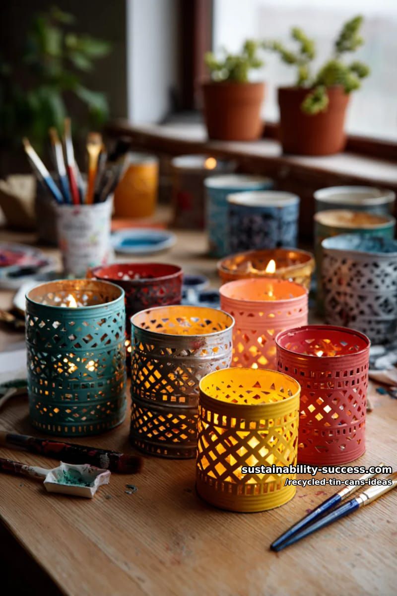 15 Superb Ideas to Upcycle Tin Cans 5 hand-painted tin can lanterns with geometric patterns and fairy lights inside 1