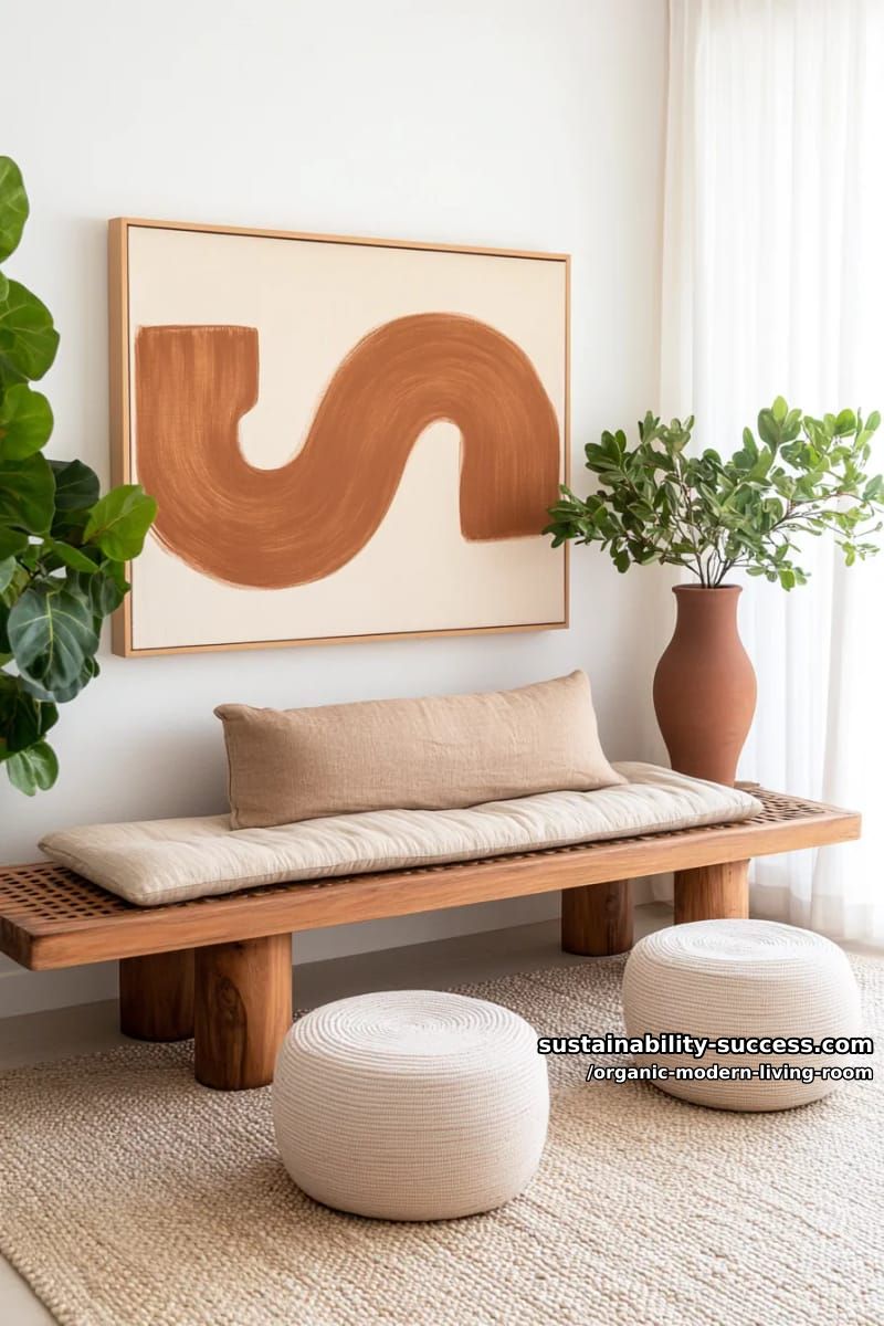 15 Organic Modern Living Room Designs for an Elegant Contemporary Feel 12 hang minimalist abstract art above a rattan bench and linen poufs 1
