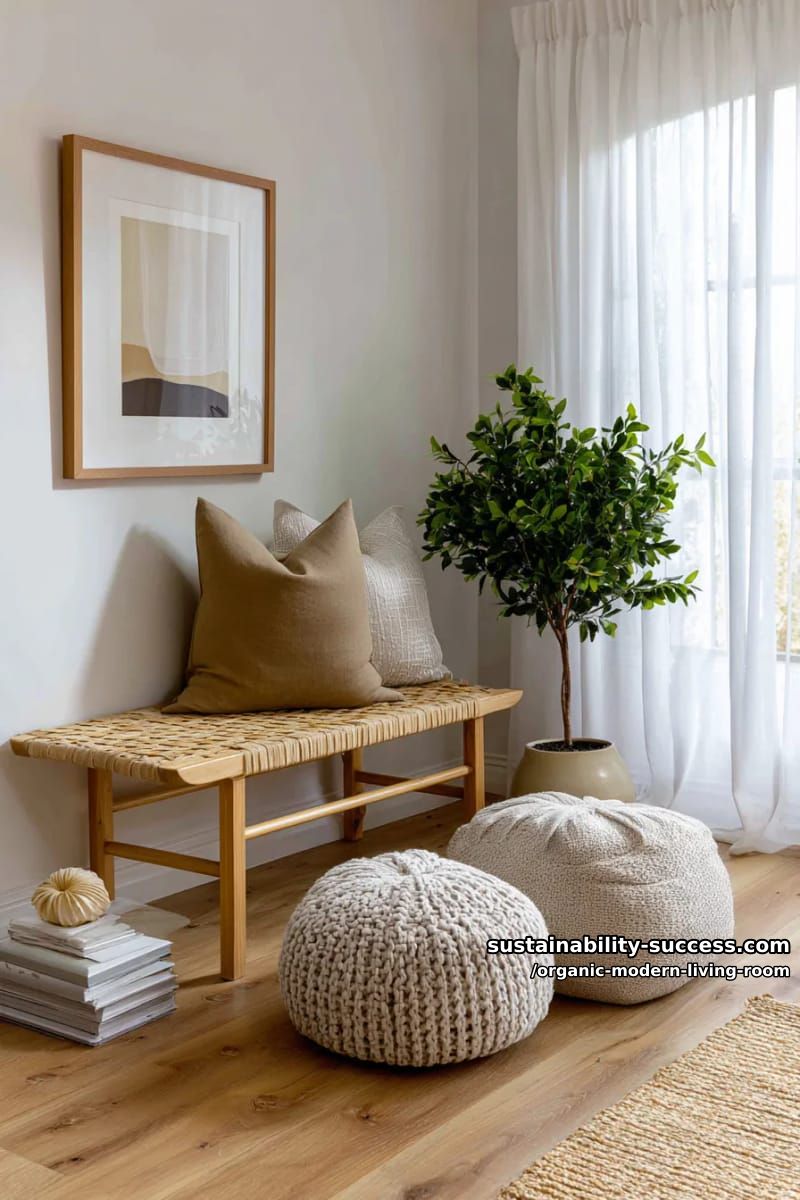 15 Organic Modern Living Room Designs for an Elegant Contemporary Feel 13 hang minimalist abstract art above a rattan bench and linen poufs 1