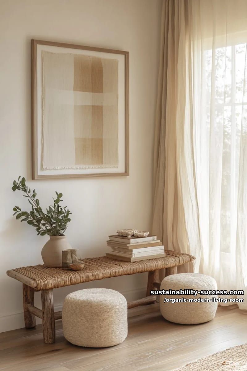 15 Organic Modern Living Room Designs for an Elegant Contemporary Feel 14 hang minimalist abstract art above a rattan bench and linen poufs 1