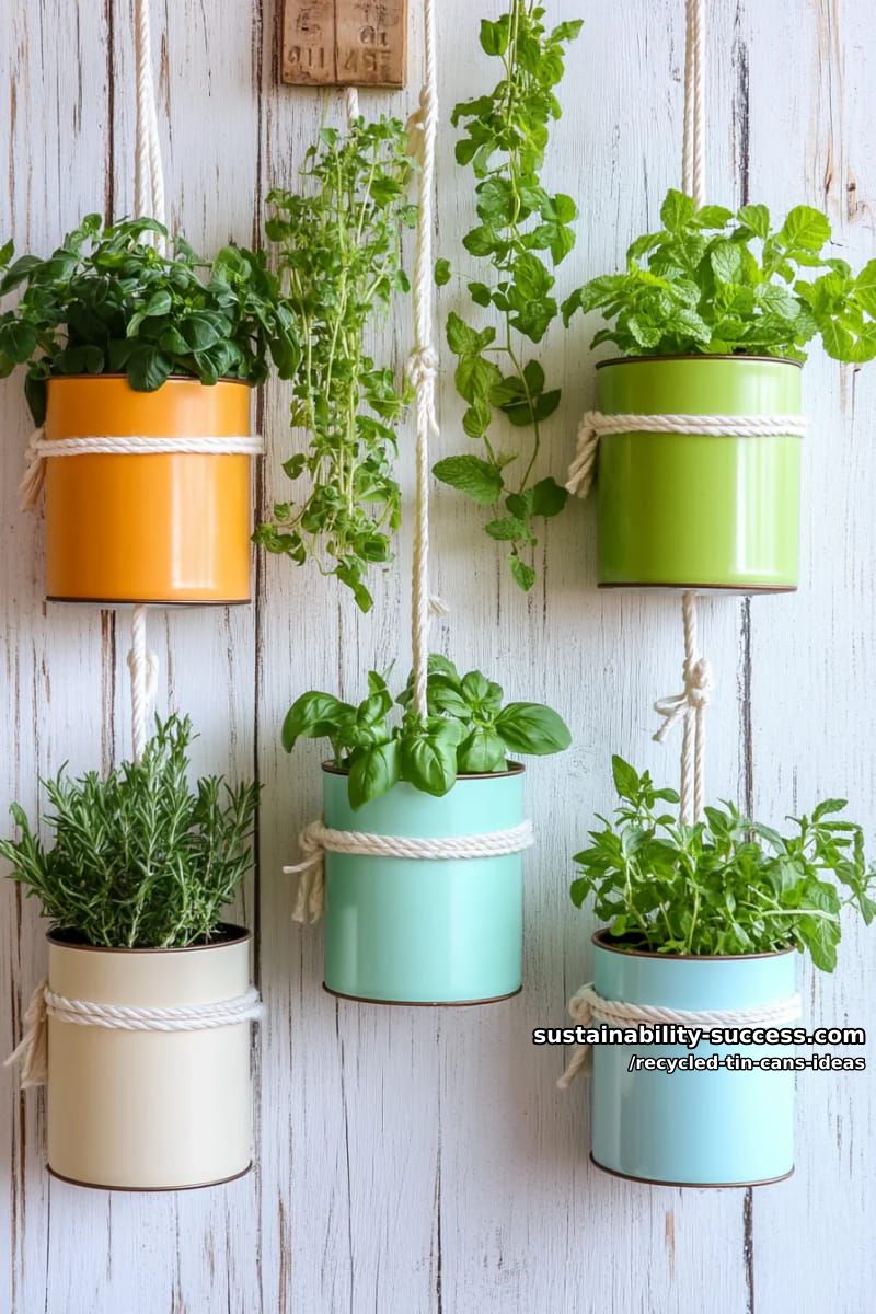 15 Superb Ideas to Upcycle Tin Cans 12 hanging herb garden wall using pastel-colored tin cans and macramé cord 1