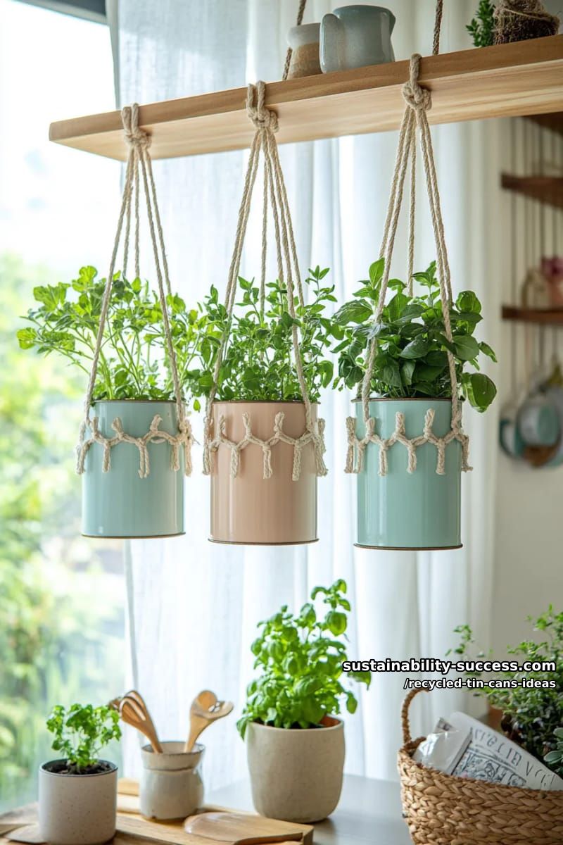 15 Superb Ideas to Upcycle Tin Cans 13 hanging herb garden wall using pastel-colored tin cans and macramé cord 1