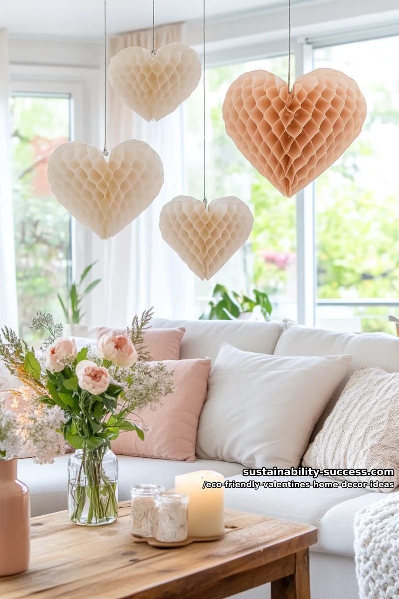 hanging honeycomb heart ornaments made from biodegradable kraft paper 1