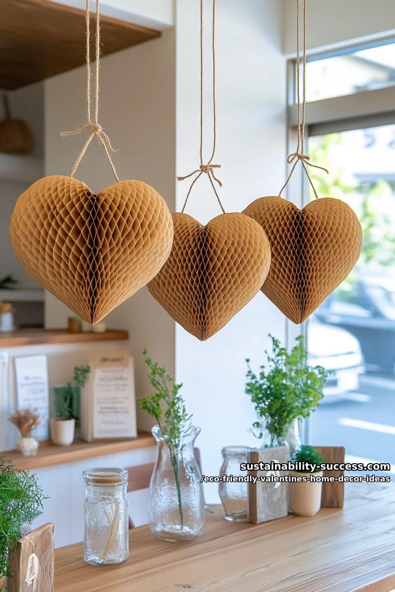 hanging honeycomb heart ornaments made from biodegradable kraft paper 1