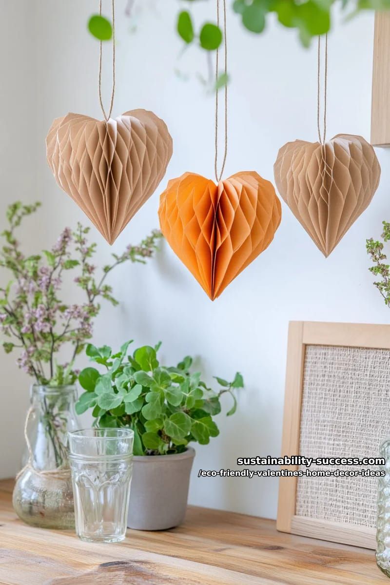 hanging honeycomb heart ornaments made from biodegradable kraft paper 1